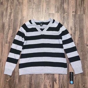 Relativity V-Neck Sweater in Black and Gray Stripes